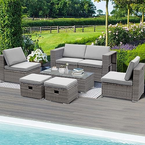 Outdoor Furniture Patio Furniture Set, 8 Pieces Wicker Rattan Conversation Sectional Sofa Couch with Comfortable Cushions for Garden Backyard Deck,Grey Wicker Denim Blue (Grey Wicker Grey Cushion)