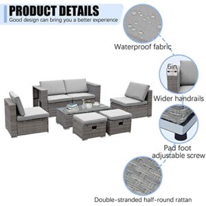 Outdoor Furniture Patio Furniture Set, 8 Pieces Wicker Rattan Conversation Sectional Sofa Couch with Comfortable Cushions for Garden Backyard Deck,Grey Wicker Denim Blue (Grey Wicker Grey Cushion)