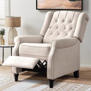 bonzy home push back recliner chair, mid century modern wingback chair, comfy armchair fabric living room chairs with rivet decoration, button-tufted back, solid wood legs, beige