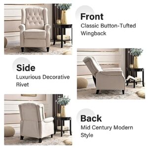 Bonzy Home Push Back Recliner Chair, Mid Century Modern Wingback Chair, Comfy Armchair Fabric Living Room Chairs with Rivet Decoration, Button-Tufted Back, Solid Wood Legs, Beige