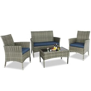 htth 4-piece outdoor patio furniture sets wicker sofa with cushions and coffee table garden lawn pool backyard outdoor sofa sets (grey-deep blue)