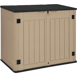 yitahome large outdoor horizontal storage shed, 47 cu ft resin tool shed w/o shelf, outdoor waterproof storage with floor for trash cans, garden tools, lawn mower, lockable, 4.5x2.8x3.9 ft, brown