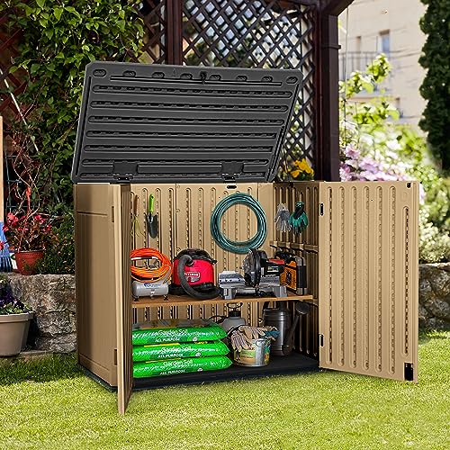 YITAHOME Large Outdoor Horizontal Storage Shed, 47 cu ft Resin Tool Shed w/o Shelf, Outdoor Waterproof Storage with Floor for Trash Cans, Garden Tools, Lawn Mower, Lockable, 4.5x2.8x3.9 ft, Brown