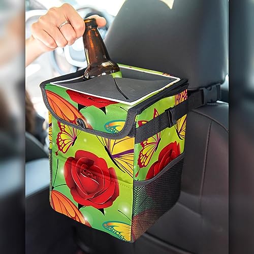 RODAILYCAY Trash Bag for Car, Foldable Vehicle Garbage Container Can with Lid Storage Bag, Red Rosy Flower Flying Blutterflies Kissing Leak-Proof Truck Trash Dustbin