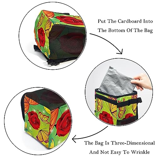 RODAILYCAY Trash Bag for Car, Foldable Vehicle Garbage Container Can with Lid Storage Bag, Red Rosy Flower Flying Blutterflies Kissing Leak-Proof Truck Trash Dustbin