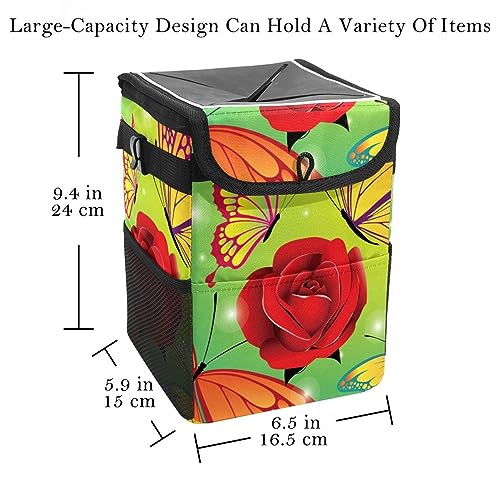 RODAILYCAY Trash Bag for Car, Foldable Vehicle Garbage Container Can with Lid Storage Bag, Red Rosy Flower Flying Blutterflies Kissing Leak-Proof Truck Trash Dustbin