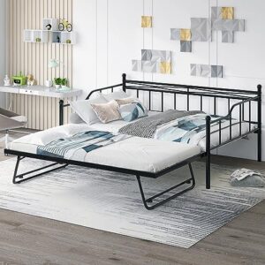 sying88 full size daybed with trundle heavy-duty metal day bed frame portable folding trundle with twin size adjustable trundle beds for living room bedroom kids teens adults (black)
