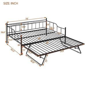 SYING88 Full Size Daybed with Trundle Heavy-Duty Metal Day Bed Frame Portable Folding Trundle with Twin Size Adjustable Trundle Beds for Living Room Bedroom Kids Teens Adults (Black)