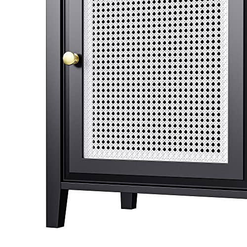 OPTOUGH Boho Style Slim Tall Storage Narrow Bathroom Corner Rattan Door Mid Century Modern Tower Freestanding Cabinet Organizer with Metal Handles for Kitchen, Living Room, Bedroom, Black