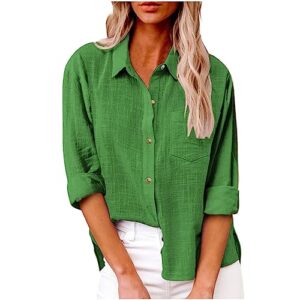 deals of the day trendy tops for women 2023 womens cotton linen button down shirt 2023 casual long sleeve solid color shirts loose work tops with pockets green xl