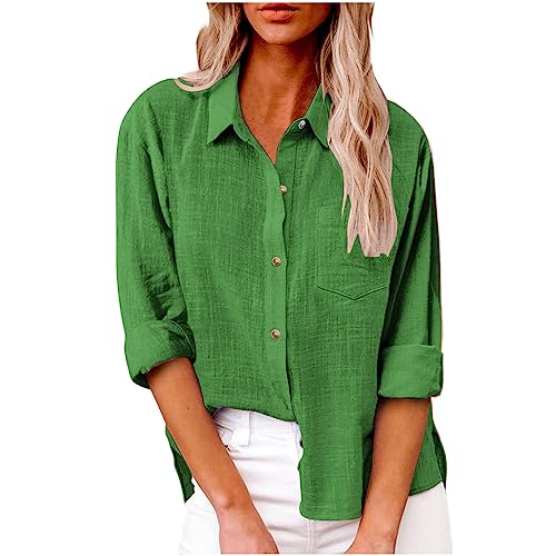 Deals of The Day Trendy Tops for Women 2023 Womens Cotton Linen Button Down Shirt 2023 Casual Long Sleeve Solid Color Shirts Loose Work Tops with Pockets Green XL