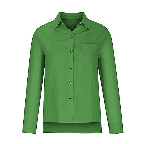 Deals of The Day Trendy Tops for Women 2023 Womens Cotton Linen Button Down Shirt 2023 Casual Long Sleeve Solid Color Shirts Loose Work Tops with Pockets Green XL