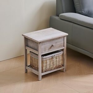 Modern End Table, Home Bedside Table with Storage Cabinet and Fabric Storage Basket, Wooden Farmhouse Nightstand with Drawer for Bedroom, Living Room, Office
