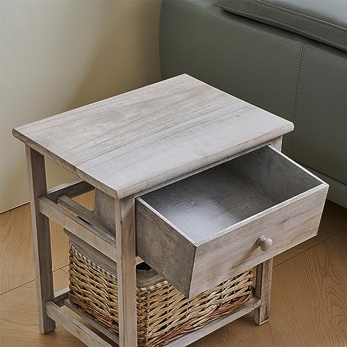 Modern End Table, Home Bedside Table with Storage Cabinet and Fabric Storage Basket, Wooden Farmhouse Nightstand with Drawer for Bedroom, Living Room, Office