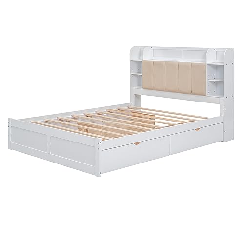 Merax Queen Size Platform Bed, Wood Queen Bed Frame with Storage Headboard, Shelves and 4 Drawers, White