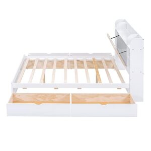 Merax Queen Size Platform Bed, Wood Queen Bed Frame with Storage Headboard, Shelves and 4 Drawers, White