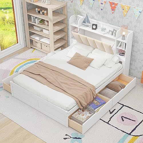 Merax Queen Size Platform Bed, Wood Queen Bed Frame with Storage Headboard, Shelves and 4 Drawers, White