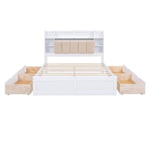 Merax Queen Size Platform Bed, Wood Queen Bed Frame with Storage Headboard, Shelves and 4 Drawers, White