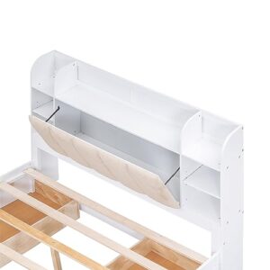 Merax Queen Size Platform Bed, Wood Queen Bed Frame with Storage Headboard, Shelves and 4 Drawers, White