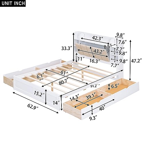 Merax Queen Size Platform Bed, Wood Queen Bed Frame with Storage Headboard, Shelves and 4 Drawers, White