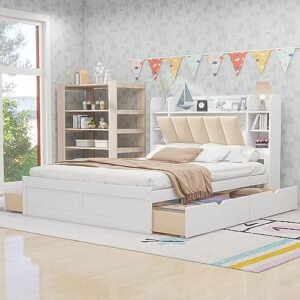 Merax Queen Size Platform Bed, Wood Queen Bed Frame with Storage Headboard, Shelves and 4 Drawers, White