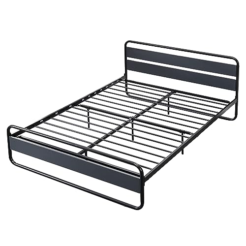 Prohon Bed Frame Queen Size with Rustic Headboard and Footboard, Strong Steel Slat Support, Metal Platform Bed with 11“ Storage Space, Silent Design Bedframe for Adults, Teens & Kids, Gray