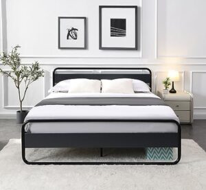 prohon bed frame queen size with rustic headboard and footboard, strong steel slat support, metal platform bed with 11“ storage space, silent design bedframe for adults, teens & kids, gray
