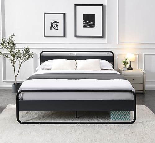 Prohon Bed Frame Queen Size with Rustic Headboard and Footboard, Strong Steel Slat Support, Metal Platform Bed with 11“ Storage Space, Silent Design Bedframe for Adults, Teens & Kids, Gray