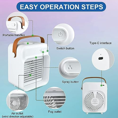 clleylise Portable Air Conditioner, Rechargeable Personal Air Cooler Quiet Desk Fan with 3 Speeds Small Air Condition Fan Mini Evaporative Cooler for Small Room Office Dorm and Outdoor