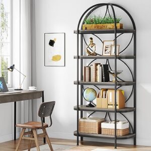 tribesigns 74.4 inches tall etagere bookcase, 5 tiers arched bookshelf, narrow tall display shelf with open back, freestanding wood decorative shelf with black metal frame, gray