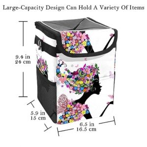 RODAILYCAY Car Trash Can with Lid and Storage Pockets, Waterproof & Leak-Proof Garbage Container Bin for Car, Vehicle Dustbin Flowers Fairy Kissing Butterflies Pink