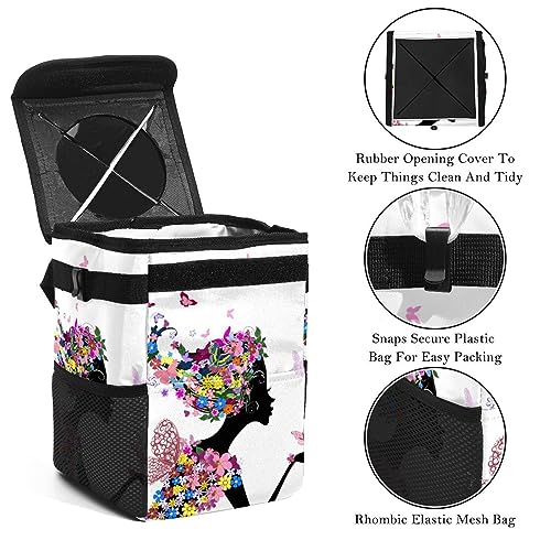 RODAILYCAY Car Trash Can with Lid and Storage Pockets, Waterproof & Leak-Proof Garbage Container Bin for Car, Vehicle Dustbin Flowers Fairy Kissing Butterflies Pink