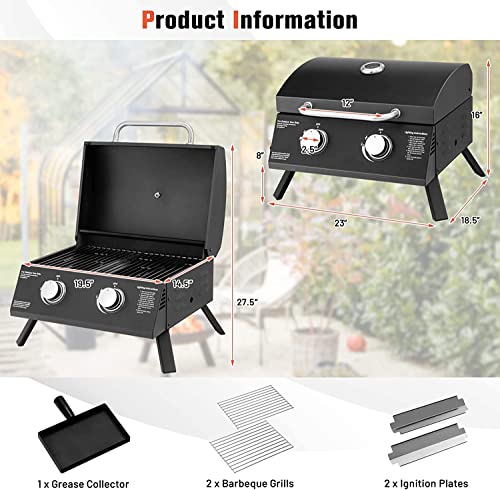 Grill Portable Gas Grill, Small Foldable Tabletop Propane BBQ Griddle w/Grease Tray, Thermometer, 20,000 BTU / 243 Sq.in Cooking Area, 2 Burner Gas Grill for Outdoor Camping, Tailgating, Picnic