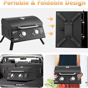 Grill Portable Gas Grill, Small Foldable Tabletop Propane BBQ Griddle w/Grease Tray, Thermometer, 20,000 BTU / 243 Sq.in Cooking Area, 2 Burner Gas Grill for Outdoor Camping, Tailgating, Picnic