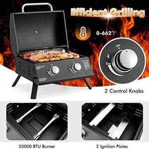 Grill Portable Gas Grill, Small Foldable Tabletop Propane BBQ Griddle w/Grease Tray, Thermometer, 20,000 BTU / 243 Sq.in Cooking Area, 2 Burner Gas Grill for Outdoor Camping, Tailgating, Picnic