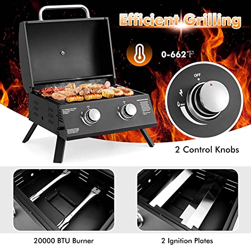 Grill Portable Gas Grill, Small Foldable Tabletop Propane BBQ Griddle w/Grease Tray, Thermometer, 20,000 BTU / 243 Sq.in Cooking Area, 2 Burner Gas Grill for Outdoor Camping, Tailgating, Picnic