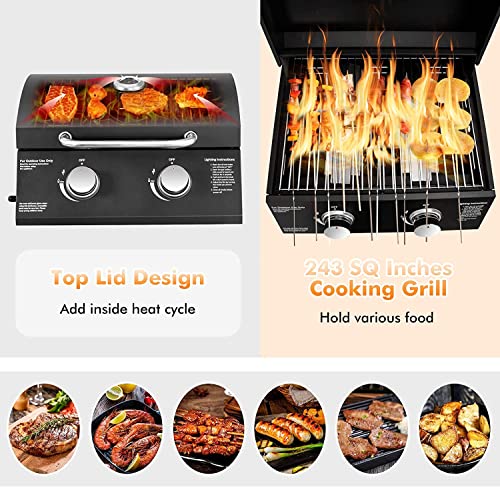 Grill Portable Gas Grill, Small Foldable Tabletop Propane BBQ Griddle w/Grease Tray, Thermometer, 20,000 BTU / 243 Sq.in Cooking Area, 2 Burner Gas Grill for Outdoor Camping, Tailgating, Picnic