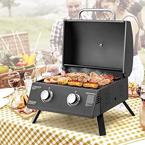 Grill Portable Gas Grill, Small Foldable Tabletop Propane BBQ Griddle w/Grease Tray, Thermometer, 20,000 BTU / 243 Sq.in Cooking Area, 2 Burner Gas Grill for Outdoor Camping, Tailgating, Picnic