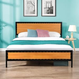 prohon bed frame queen size with rustic headboard and nailhead trim footboard, strong steel slat support, metal platform bed with 11“ storage space, silent design bedframe for adults, teens & kids