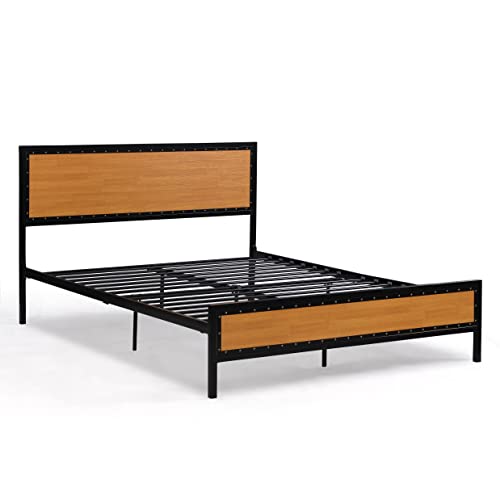 Prohon Bed Frame Queen Size with Rustic Headboard and Nailhead Trim Footboard, Strong Steel Slat Support, Metal Platform Bed with 11“ Storage Space, Silent Design Bedframe for Adults, Teens & Kids