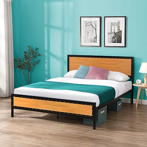 Prohon Bed Frame Queen Size with Rustic Headboard and Nailhead Trim Footboard, Strong Steel Slat Support, Metal Platform Bed with 11“ Storage Space, Silent Design Bedframe for Adults, Teens & Kids