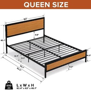 Prohon Bed Frame Queen Size with Rustic Headboard and Nailhead Trim Footboard, Strong Steel Slat Support, Metal Platform Bed with 11“ Storage Space, Silent Design Bedframe for Adults, Teens & Kids