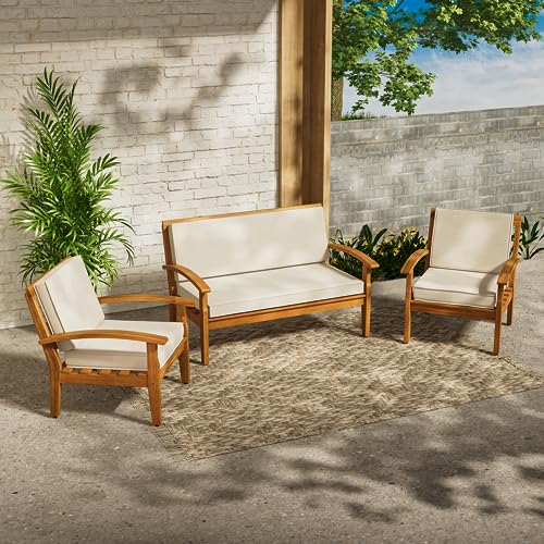 IDZO Laurent 3 Piece Acacia Wood Patio Furniture Set, 1 Outdoor Loveseats + 2 Outdoor Club Chairs, Teak Finish Wooden Patio Furniture Set with 3.9in Thick Soft Cushions for Porch Patio Garden