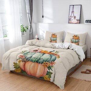 thanksgiving pumpkin fall plant duvet cover sets 4 piece queen ultra soft bed quilt cover set for kids/teens/women/men,farm watercolor floral vintage linen bedding collection all season use