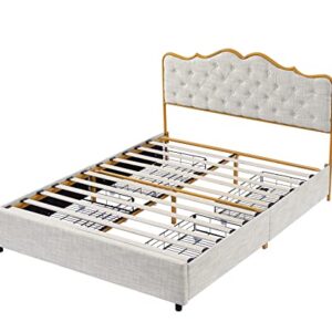 Maxzzz Queen Size Bed Frame with Four Storage Drawers & Upholstered Headboard - Elegant Golden Paint Finish, Sturdy Metal & Solid Wood Construction, No Box Spring Needed, Light Gray