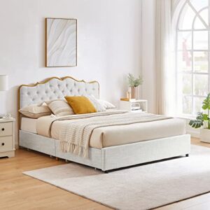 maxzzz queen size bed frame with four storage drawers & upholstered headboard - elegant golden paint finish, sturdy metal & solid wood construction, no box spring needed, light gray