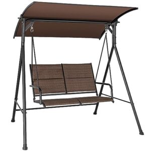 tangkula 2 person porch swing, patio swing with adjustable canopy, padded seat, curved handrails & heavy-duty metal frame, outdoor swing for yard, garden, poolside (brown)