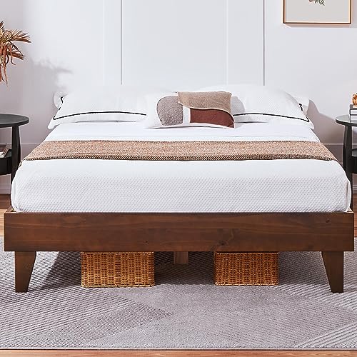 Yaheetech Full Bed Frame Deluxe Natural Solid Pine Wood Platform Bed, Reserved Holes for DIY Headboard/Wooden Slats Support/7.5″ Clearance Space/No Noise/Easy Assembly, Smoked Walnut Full Bed