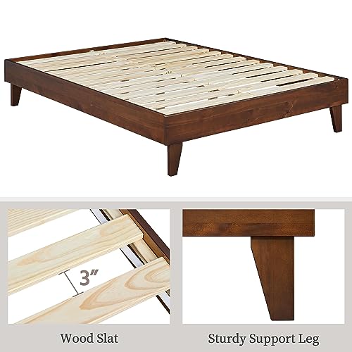 Yaheetech Full Bed Frame Deluxe Natural Solid Pine Wood Platform Bed, Reserved Holes for DIY Headboard/Wooden Slats Support/7.5″ Clearance Space/No Noise/Easy Assembly, Smoked Walnut Full Bed