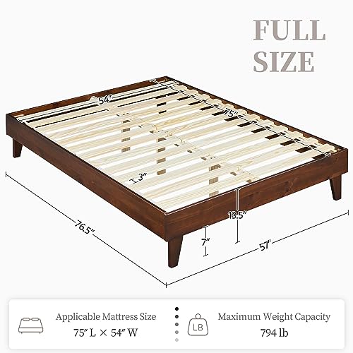 Yaheetech Full Bed Frame Deluxe Natural Solid Pine Wood Platform Bed, Reserved Holes for DIY Headboard/Wooden Slats Support/7.5″ Clearance Space/No Noise/Easy Assembly, Smoked Walnut Full Bed